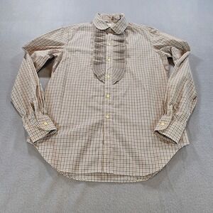 Nell Flowers Blouse Womens 10 Brown Plaid Tuxedo Ruffle Bib Vintage Peter Pan